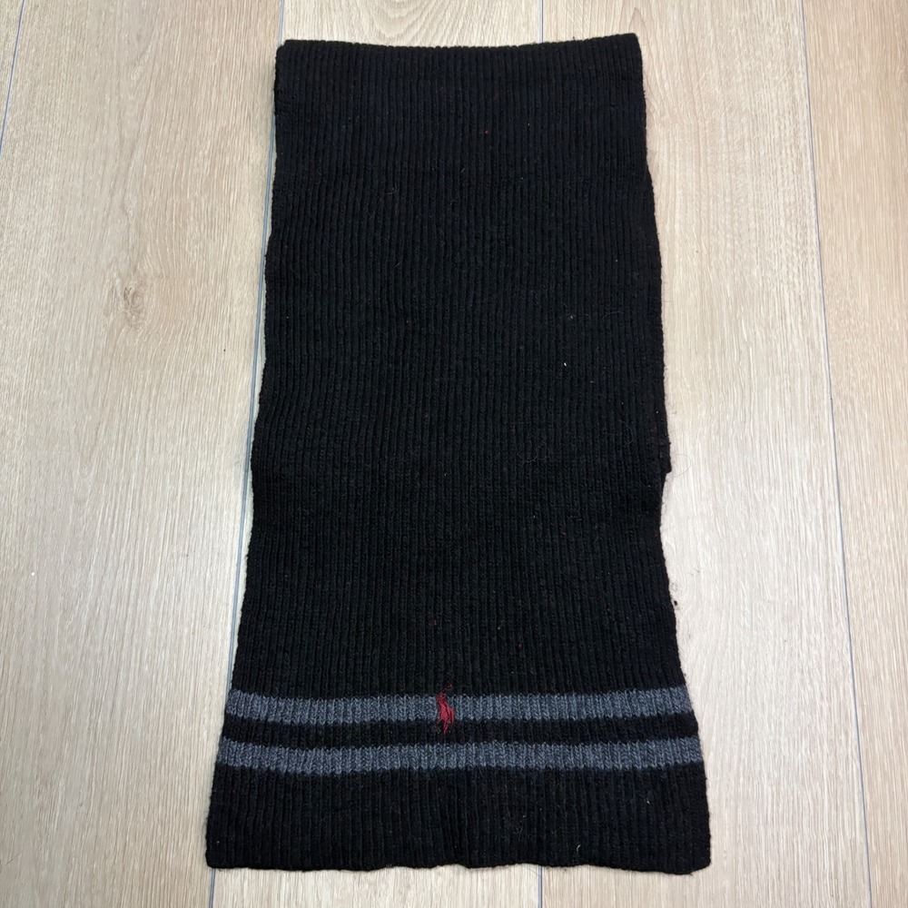 Polo Ralph Lauren Mens Black Ribbed Knit Lambswool Blend Scarf Red Pony Logo